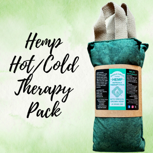 picture of hemp hot/cold therapy pack on a green watercolor background